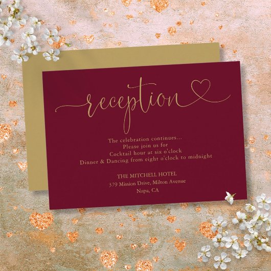 Bourgondië En Gouden Hart Script Bruiloftsreceptie Informatiekaartje