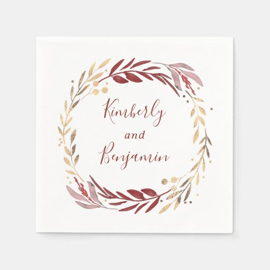 Bourgondië en gouden krans bruiloft servet (Voorkant)