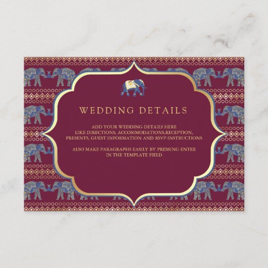 Bourgondië en gouden olifant Indiase bruiloft deta Informatiekaartje (Voorkant)