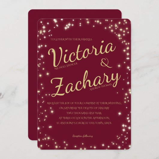 Bourgondië en Gouden Sparkle bruiloft Kaart (Voorkant / Achterkant)