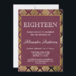 Bourgondië en goudfolie Art Deco 18e verjaardag Kaart<br><div class="desc">Bourgondië en goudfolie Art Deco Pattern  Achttiende Verjaardag Party Invitation. Deze uitnodiging is perfect voor de Marsala en Gold Sweet draaien 18 (achttien) verjaardagsfeest op zoek naar te vieren in de Bourgogne. Neem contact op met de ontwerper voor overeenkomende objecten.</div>