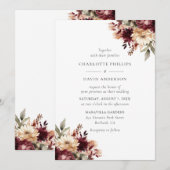 Bourgondië en Ivoor Bloemen Bruiloft Kaart (Voorkant / Achterkant)