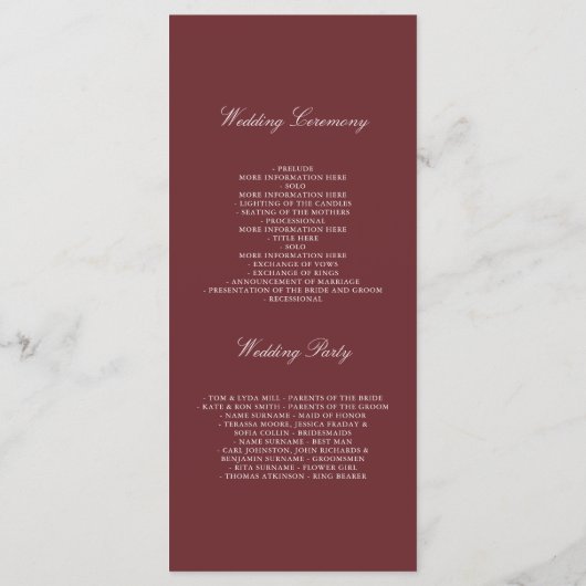 Bourgondië en Ivoor Floral bruiloft programma's (Achterkant)