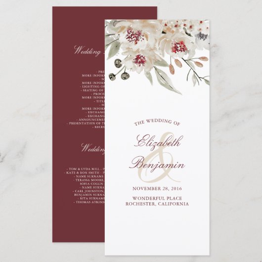 Bourgondië en Ivoor Floral bruiloft programma's (Voorkant / Achterkant)