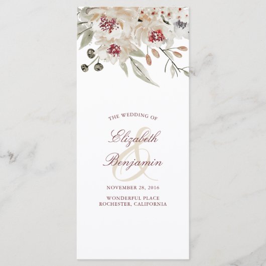 Bourgondië en Ivoor Floral bruiloft programma's (Voorkant)