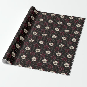 Bourgondië en ivoren bloemen op zwart cadeaupapier