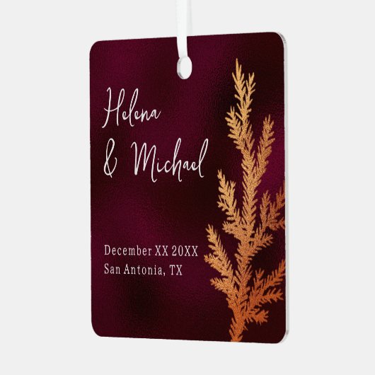 Bourgondië en koper winter bruiloft pijnboomtak metalen ornament (Voorkant links)