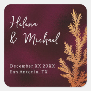 Bourgondië en koper winter bruiloft pijnboomtak vierkante sticker