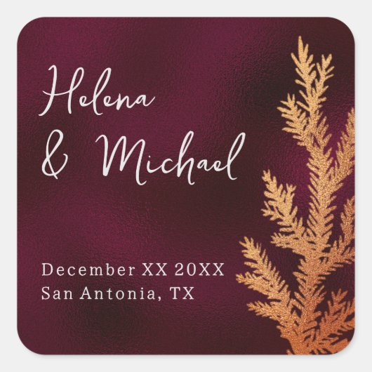 Bourgondië en koper winter bruiloft pijnboomtak vierkante sticker (Voorkant)
