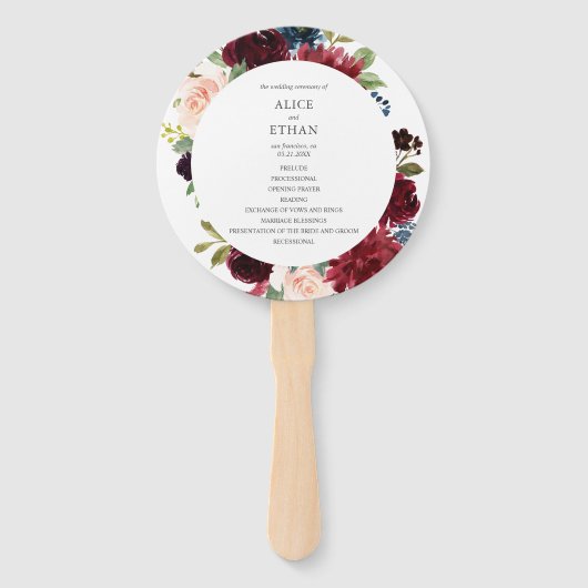 Bourgondië en marine blauw bloemenbruiloft program handwaaier (Voorkant)