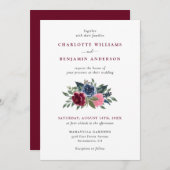 Bourgondië en marine blauw bloemenbruiloft uitnodi kaart (Voorkant / Achterkant)