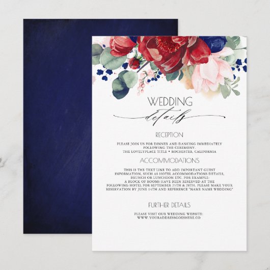 Bourgondië en marine blauw bruiloft informatie gas informatiekaartje (Voorkant / Achterkant)