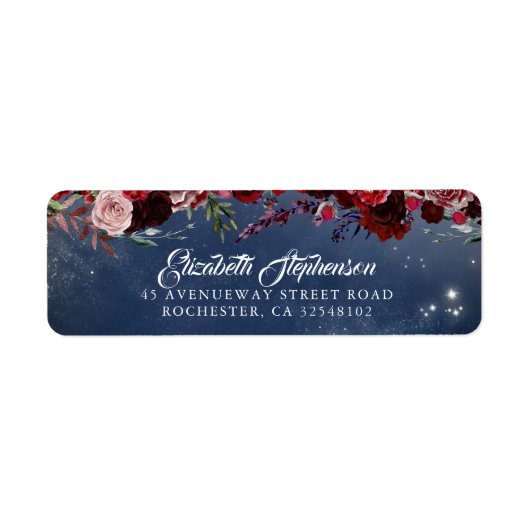 Bourgondië en marine blauw Floral bruiloft Etiket (Voorkant)
