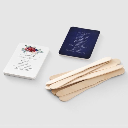 Bourgondië en marine blauw Floral bruiloft program Handwaaier (Niet-gemonteerd)