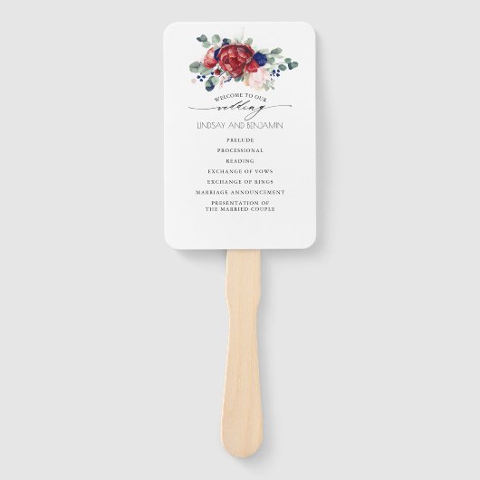 Bourgondië en marine blauw Floral bruiloft program Handwaaier (Voorkant)