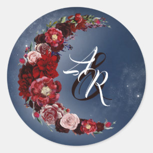 Bourgondië en marine blauw Floral Moon bruiloft Ronde Sticker