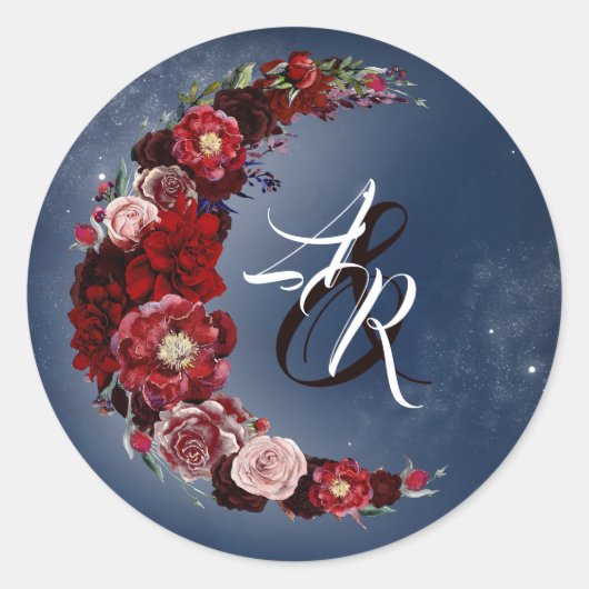 Bourgondië en marine blauw Floral Moon bruiloft Ronde Sticker (Voorkant)