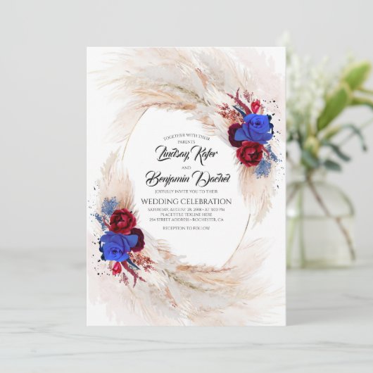 Bourgondië en marine blauw Floral Pampas Grass bru Kaart (Staand voorkant)