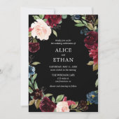 Bourgondië en marine blauwe bloemen bruiloft kaart (Voorkant)