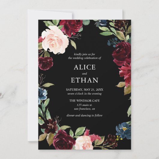 Bourgondië en marine blauwe bloemen bruiloft kaart (Voorkant)