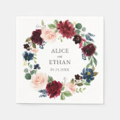 Bourgondië en marine blauwe bloemen bruiloft servet (Voorkant)