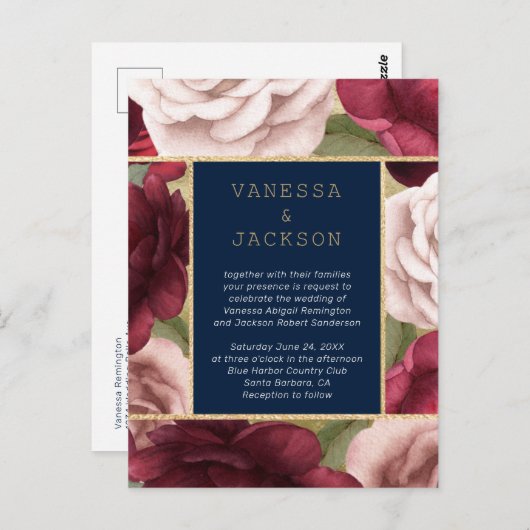 Bourgondië en marine blauwe bruiloft uitnodiging (Voorkant / Achterkant)