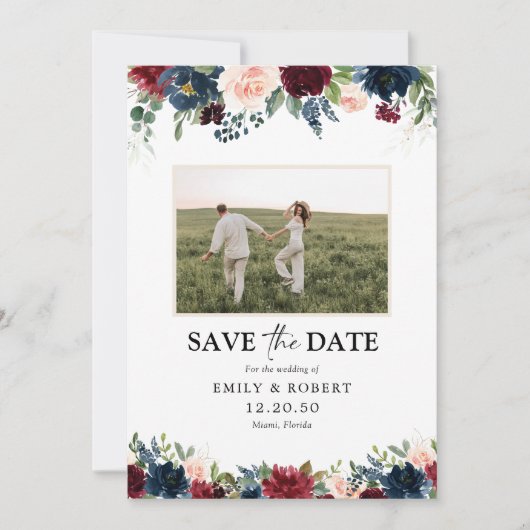 Bourgondië en marine slaan de datum op met fotokaa save the date (Voorkant)