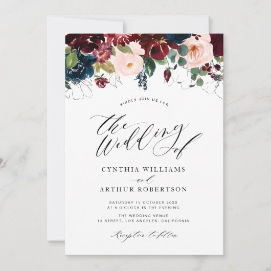 Bourgondië en marine waterverf bloemen bruiloft kaart (Voorkant)