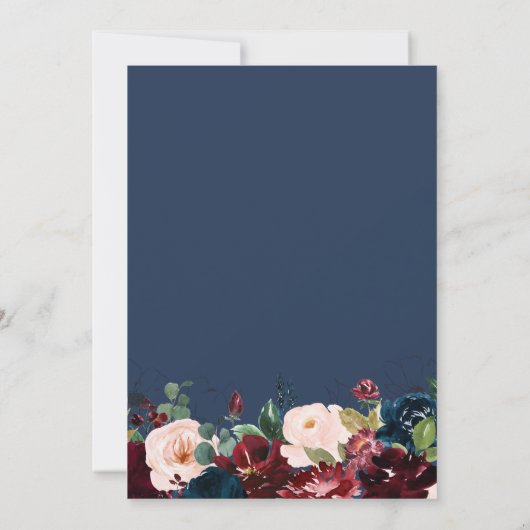 Bourgondië en marine waterverf bloemen bruiloft kaart (Achterkant)
