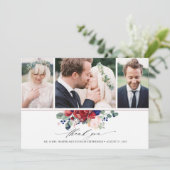 Bourgondië en Navy Blue Floral Wedding 3 foto's Bedankkaart (Staand voorkant)