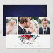 Bourgondië en Navy Blue Floral Wedding 3 foto's Bedankkaart (Voorkant / Achterkant)