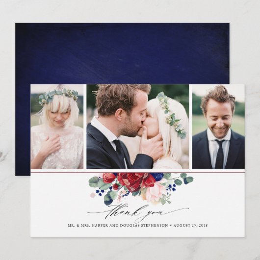 Bourgondië en Navy Blue Floral Wedding 3 foto's Bedankkaart (Voorkant / Achterkant)