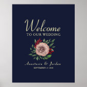 Bourgondië en Navy Blue Floral Wedding Welkom Poster (Voorkant)