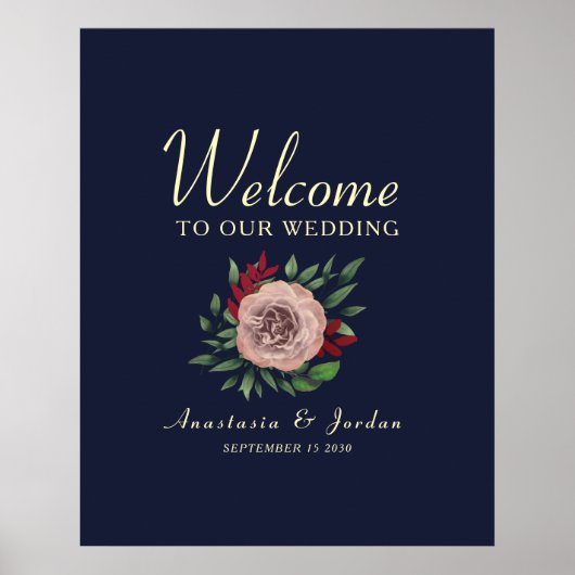 Bourgondië en Navy Blue Floral Wedding Welkom Poster (Voorkant)