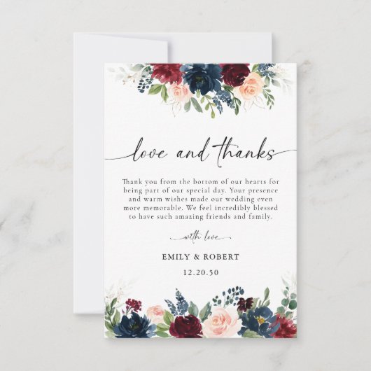 Bourgondië en Navy bruiloft Dank u kaarten (Voorkant)
