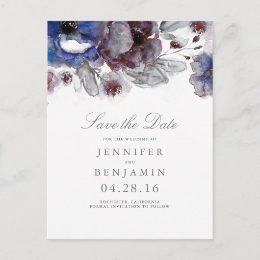 Bourgondië en Navy Floral Save the Date Aankondigingskaart (Voorkant)