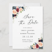 Bourgondië en Navy Floral Save The Date Kaart (Voorkant)