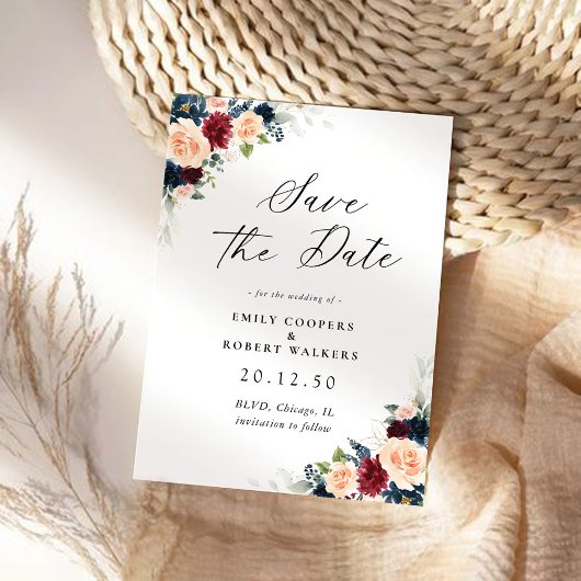 Bourgondië en Navy Floral Save The Date Kaart