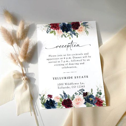 Bourgondië en Navy Floral Wedding Receptie Kaart