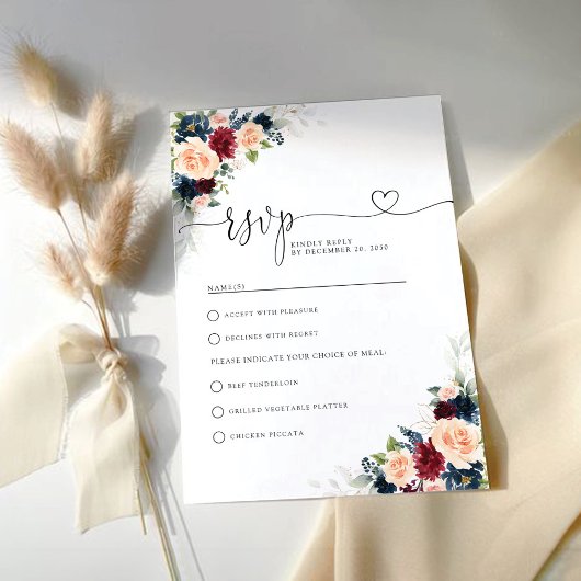 Bourgondië en Navy Floral Wedding RSVP Kaart