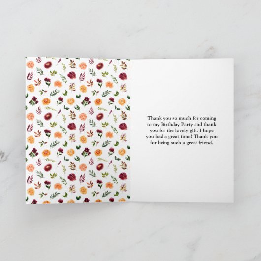 Bourgondië en Oranje Bloemen Verjaardagsfeest Bedankkaart (Binnen)