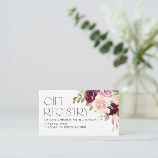 Bourgondië en perzik bloemen bruiloft geschenk reg informatiekaartje (Staand voorkant)