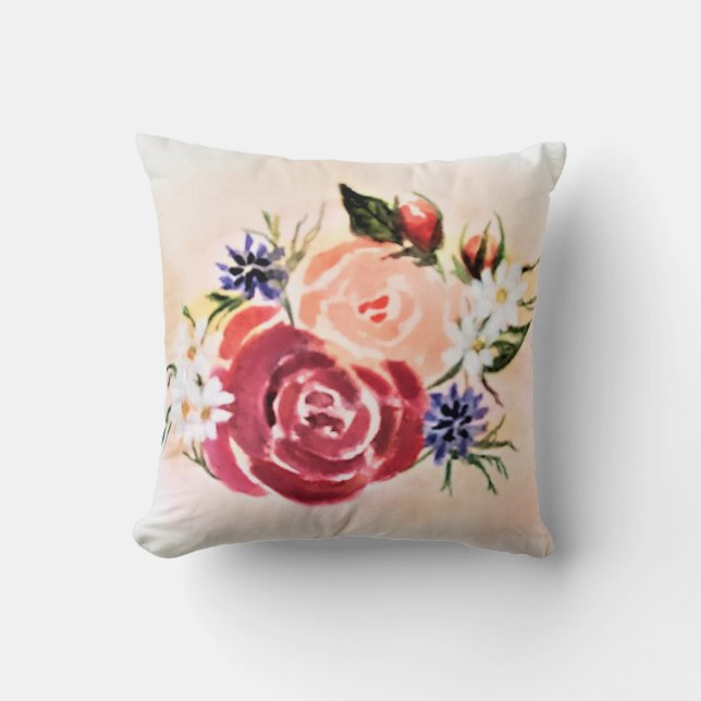 Bourgondië en perzik Rozen Waterverf Sierkussen (Voorkant)
