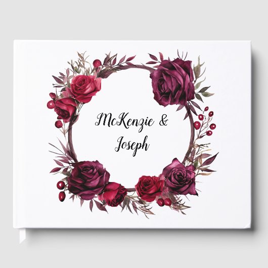 Bourgondië en Rode Rozen Branch krans bruiloft Gastenboek (Voorkant)
