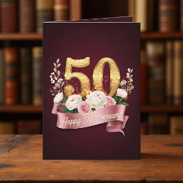 Bourgondië en Roos Floral 50 bruiloft Jubileum Kaart