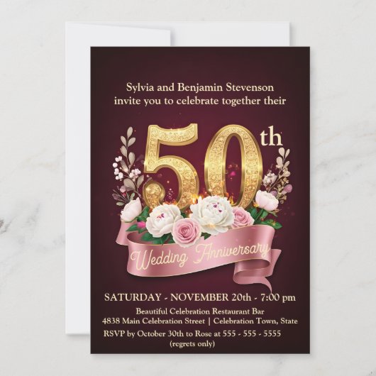 Bourgondië en Roos Floral 50ste bruiloft Jubileum Kaart (Voorkant)