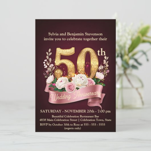 Bourgondië en Roos Floral 50ste bruiloft Jubileum Kaart (Staand voorkant)