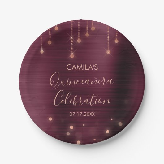 Bourgondië en Roos Gold Quinceanera Party Papieren Bordje (Voorkant)
