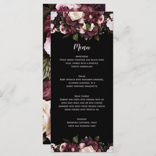 Bourgondië en roze bloemboeket bruiloft Menu (Voorkant / Achterkant)