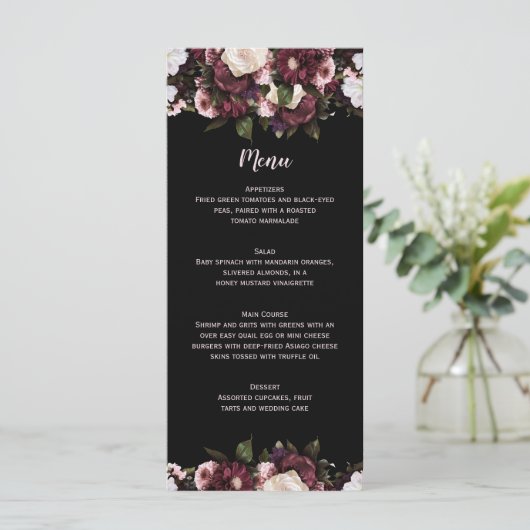 Bourgondië en roze bloemboeket bruiloft Menu (Staand voorkant)